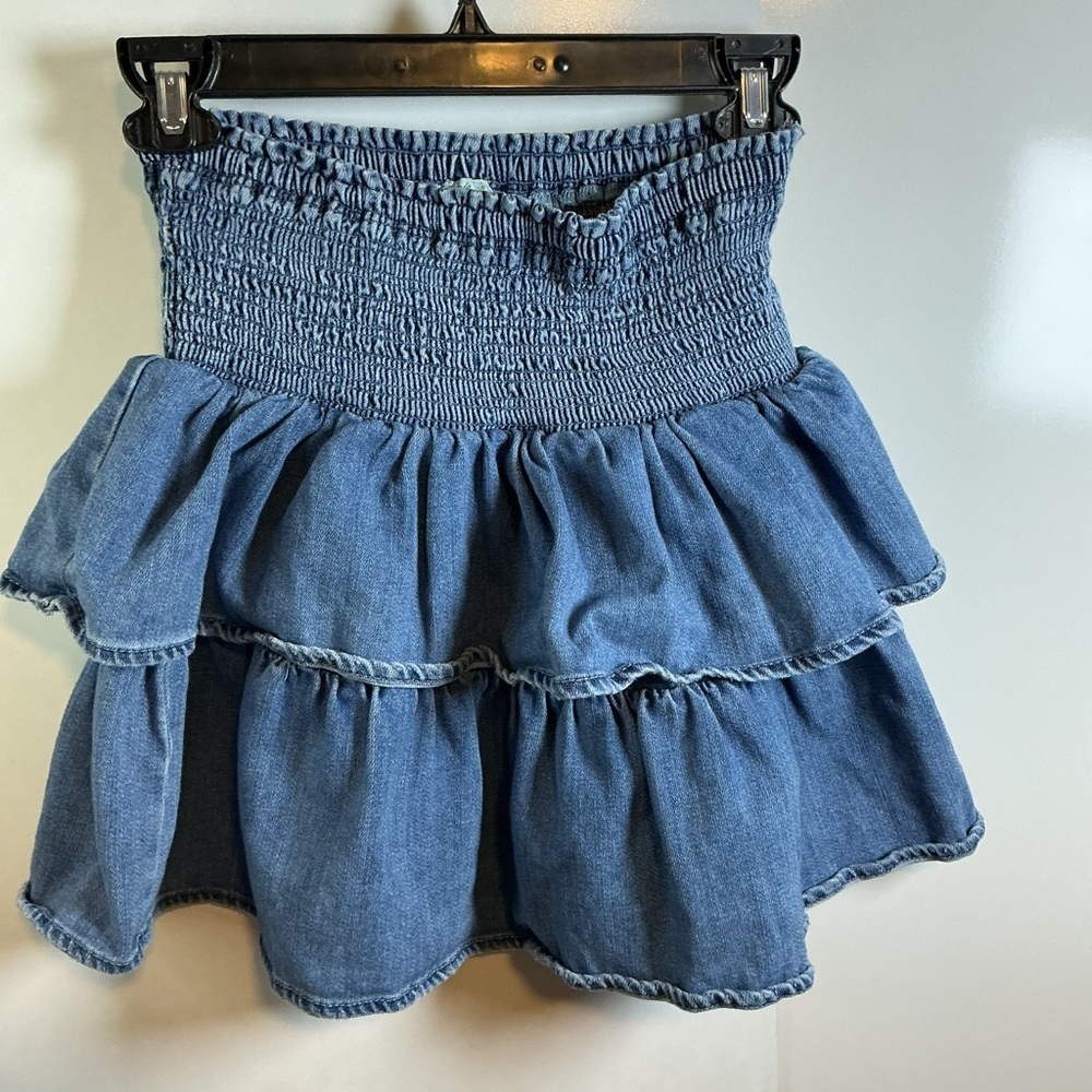 Aerie Blue Smocked Denim Skirt A0450 - Picture 2 of 4
